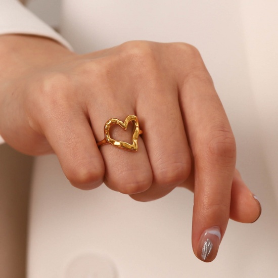 Bild von Umweltfreundlich Stilvoll Einfach 18K Echtgold plattiert 304 Edelstahl Uneinstellbar Herz Hohl Ring Für Frauen Valentinstag 1 Stück