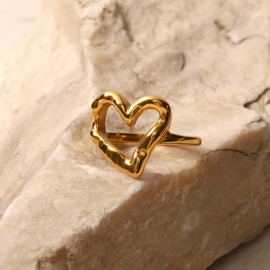 Bild von Umweltfreundlich Stilvoll Einfach 18K Echtgold plattiert 304 Edelstahl Uneinstellbar Herz Hohl Ring Für Frauen Valentinstag 1 Stück