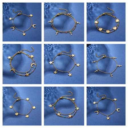 304 Stainless Steel Stylish Link Cable Chain Bracelets Gold Plated Star Moon 17cm(6 6/8") long