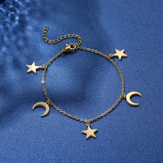 Immagine di 304 Acciaio Inossidabile Elegante Cavo Catena Braccialetti Oro Placcato Stella Luna 17cm Lunghezza, 1 Pz