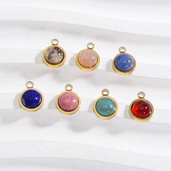 Picture of Gemstone ( Natural ) Charms Gold Plated Multicolor Round 7.5mm x 6mm