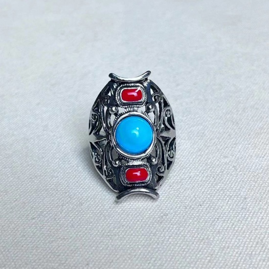 Picture of Boho Chic Bohemia Unadjustable Rings Antique Silver Color Red & Blue Imitation Gemstones Oval