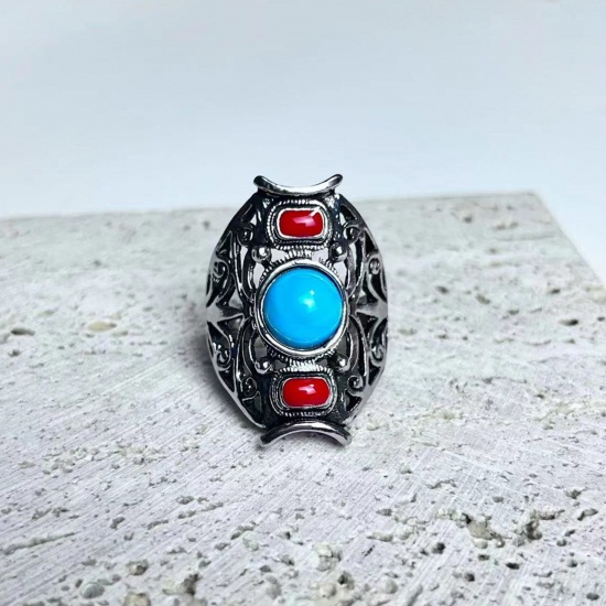 Picture of Boho Chic Bohemia Unadjustable Rings Antique Silver Color Red & Blue Imitation Gemstones Oval