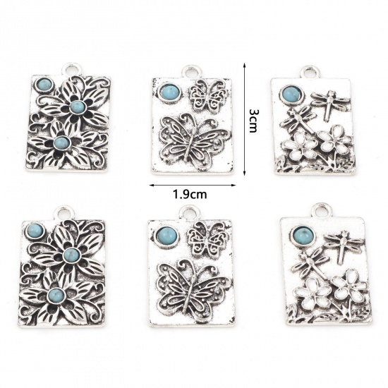 Picture of Zinc Based Alloy Boho Chic Bohemia Pendants Antique Silver Color Green Blue Butterfly Animal Flower With Resin Cabochons Imitation Turquoise 3cm x 1.9cm