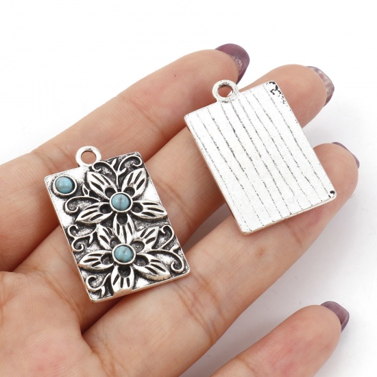 Picture of Zinc Based Alloy Boho Chic Bohemia Pendants Antique Silver Color Green Blue Butterfly Animal Flower With Resin Cabochons Imitation Turquoise 3cm x 1.9cm