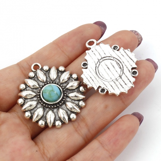 Picture of Zinc Based Alloy Boho Chic Bohemia Pendants Antique Silver Color Green Blue Carved Pattern With Resin Cabochons Imitation Turquoise
