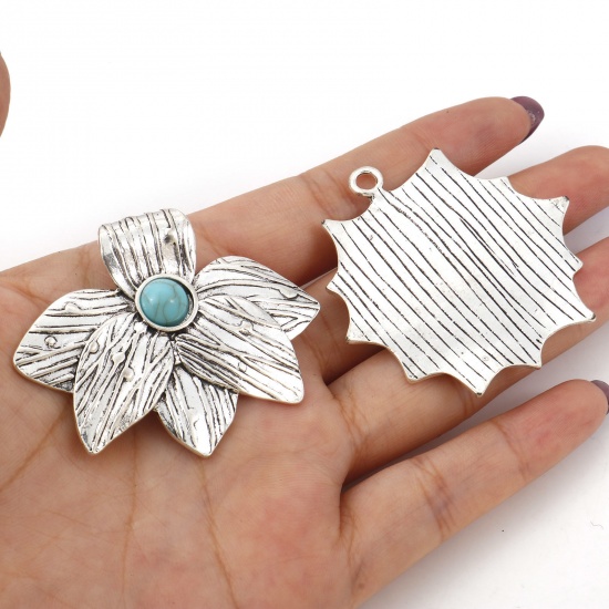 Picture of Zinc Based Alloy Boho Chic Bohemia Pendants Antique Silver Color Green Blue Flower Leaves With Resin Cabochons Imitation Turquoise
