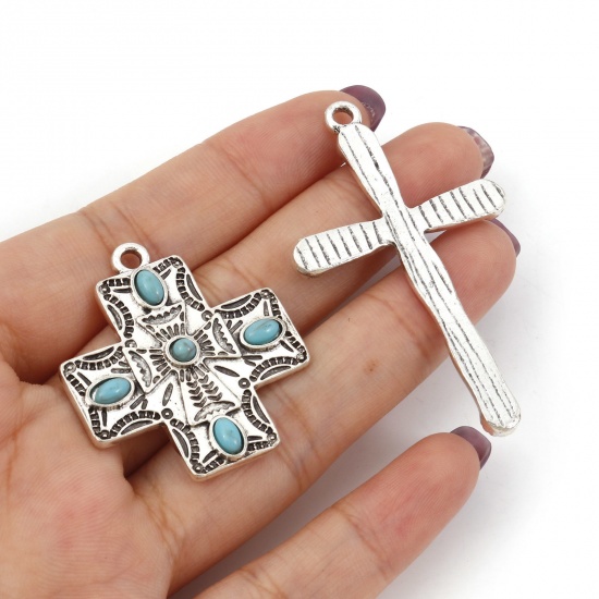 Picture of Zinc Based Alloy Boho Chic Bohemia Pendants Antique Silver Color Green Blue Cross With Resin Cabochons Imitation Turquoise