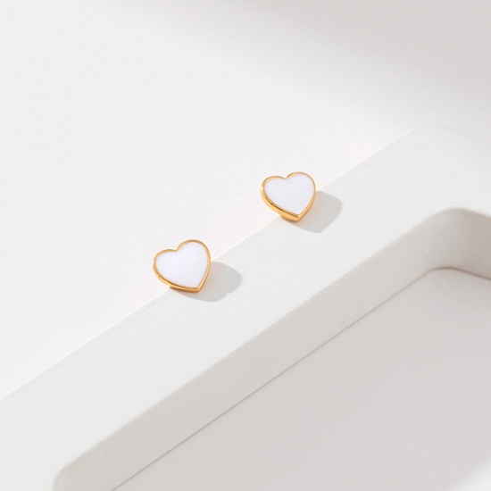 Picture of Eco-friendly Simple & Casual Stylish 18K Real Gold Plated Multicolor Copper Heart Enamel Ear Post Stud Earrings For Women Valentine's Day