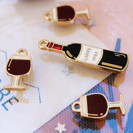 Picture of Zinc Based Alloy Charms Gold Plated Multicolor Wine Bottle Enamel
