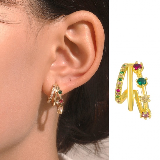 Picture of Brass Retro Hoop Earrings 14K Gold Plated C Shape Multicolour Cubic Zirconia                                                                                                                                                                                  