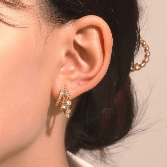 Picture of Brass Retro Hoop Earrings 14K Gold Plated C Shape Multicolour Cubic Zirconia                                                                                                                                                                                  