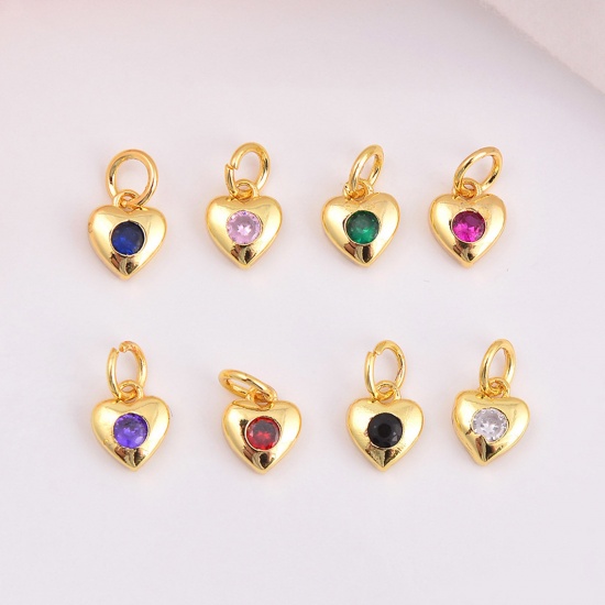 Image de Breloques La Saint Valentin en Laiton Doré Cœur à Zircone Cubique Multicolore 11mm x 7mm, 2 Pcs