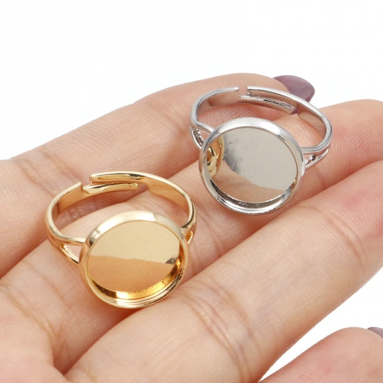 Picture of Brass Open Adjustable Rings Round Real Gold Plated Cabochon Settings (Fits 12mm Dia.) 16.9mm(US Size 6.5)