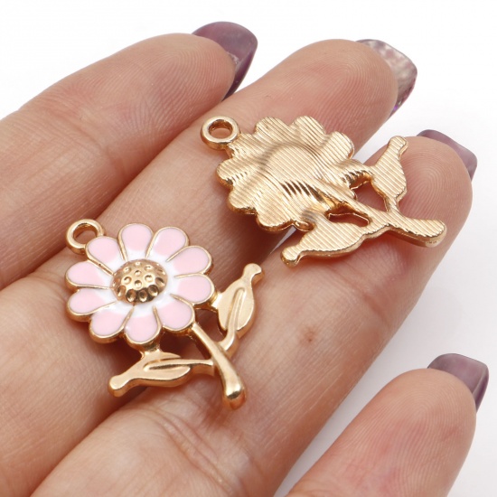 Picture of Zinc Based Alloy Charms Gold Plated Multicolor Sunflower Enamel 27mm x 19mm