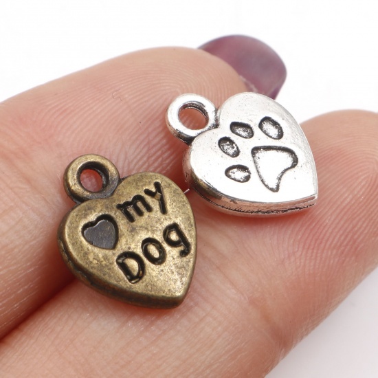 Picture of Zinc Based Alloy Pet Memorial Charms Multicolor Heart Paw Print Message " My Dog " Double Sided 13mm x 10mm