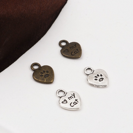 Picture of Zinc Based Alloy Pet Memorial Charms Multicolor Heart Paw Print Message " My Cat " Double Sided 12mm x 9mm