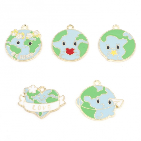 Picture of Zinc Based Alloy World Earth Day Environmental Protection Charms Gold Plated Blue & Green Planet Earth Enamel