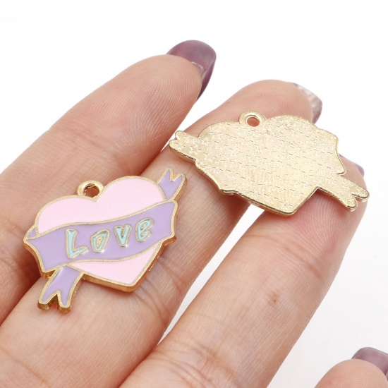Picture of Zinc Based Alloy Valentine's Day Charms Gold Plated Multicolor Heart Ribbon Message " LOVE " Enamel 25mm x 19mm
