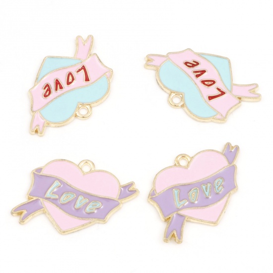 Picture of Zinc Based Alloy Valentine's Day Charms Gold Plated Multicolor Heart Ribbon Message " LOVE " Enamel 25mm x 19mm
