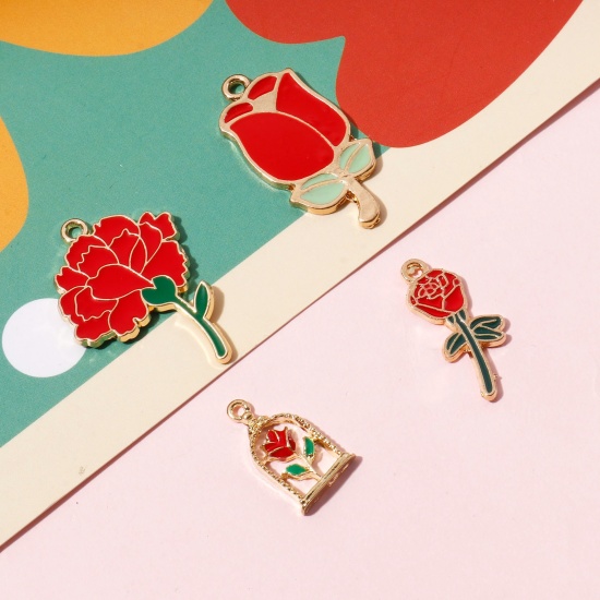 Picture of Zinc Based Alloy Valentine's Day Charms Gold Plated Red & Green Rose Flower Enamel