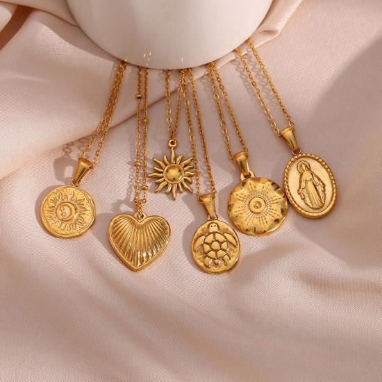 Picture of 304 Stainless Steel Ins Style Necklace Gold Plated Heart Sun 40cm(15 6/8") long