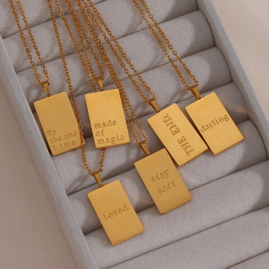 Picture of 304 Stainless Steel Ins Style Necklace Gold Plated Rectangle Word Message 40cm(15 6/8") long