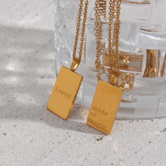 Picture of 304 Stainless Steel Ins Style Necklace Gold Plated Rectangle Word Message 40cm(15 6/8") long