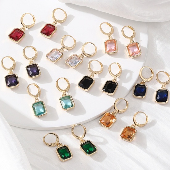 Picture of Brass Simple Earrings Gold Plated Square Multicolour Cubic Zirconia 2.9cm x 1.2cm                                                                                                                                                                             