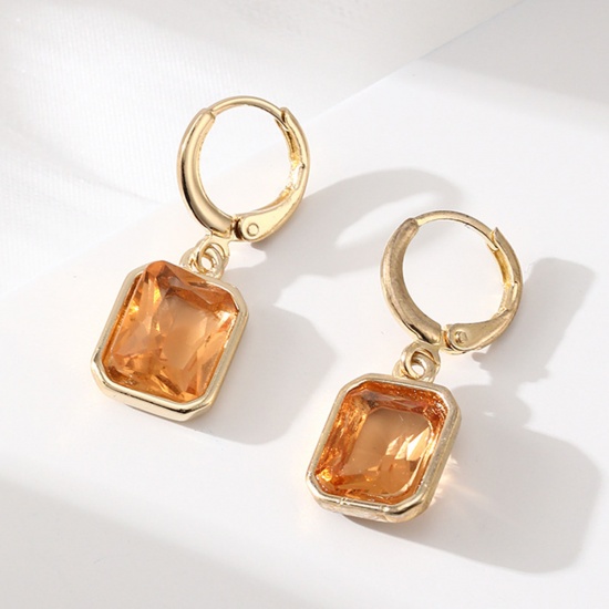 Picture of Brass Simple Earrings Gold Plated Square Multicolour Cubic Zirconia 2.9cm x 1.2cm                                                                                                                                                                             