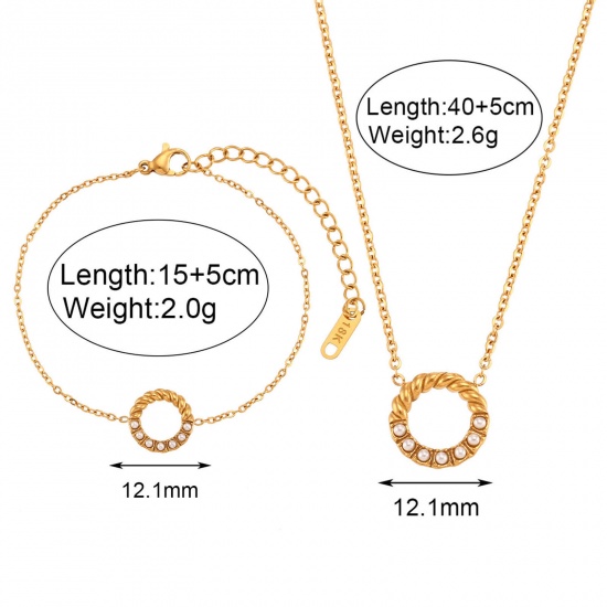 Picture of 304 Stainless Steel Ins Style Necklace Bracelet Gold Plated Circle Ring Multicolor Rhinestone