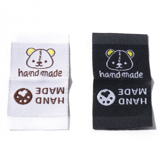 Picture of Polyester Label Tag For Clothing Rectangle Multicolor Bear Pattern " Hand Made " 4.4cm x 2.4cm 
