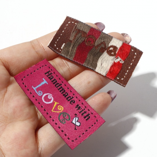 Picture of Polyester Label Tag For Clothing Rectangle Multicolor Heart Pattern " Hand Made With Love " 5cm x 2.4cm 