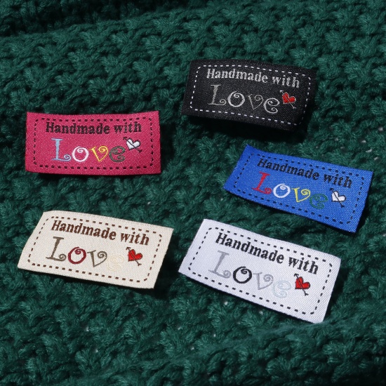 Picture of Polyester Label Tag For Clothing Rectangle Multicolor Heart Pattern " Hand Made With Love " 5cm x 2.4cm 
