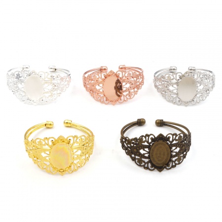 Brass Filigree Stamping Cabochon Settings Open Cuff Bangles Bracelets Findings Multicolor 16.5cm(6 4/8") long