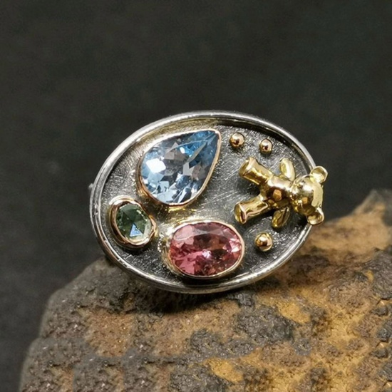 Picture of Retro Unadjustable Rings Party Gift Jewelry Antique Pewter House Tree Sky Multicolour Cubic Zirconia