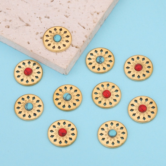 Picture of 304 Stainless Steel Boho Chic Bohemia Charms Gold Plated Round Imitation Turquoise 16mm Dia.