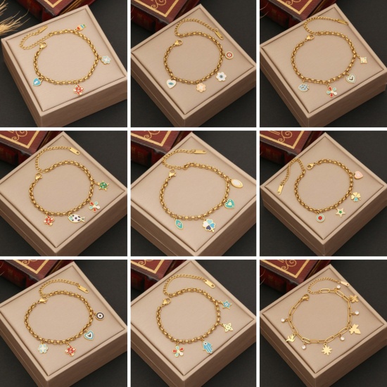 Image de Bracelets en 304 Acier Inoxydable Doré Multicolore Cœur Œil Mauvais Émail 18cm long, 1 Pièce