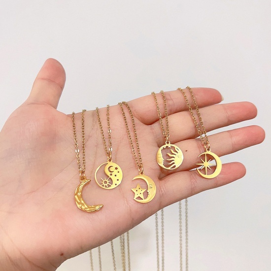 Picture of 304 Stainless Steel Galaxy Necklace Gold Plated Star Sun & Moon Hollow 40cm(15 6/8") long