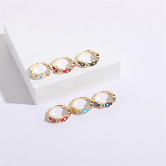 Picture of Eco-friendly Retro Stylish 14K Real Gold Plated Multicolor Copper & Cubic Zirconia Open Hamsa Symbol Hand Evil Eye Enamel Rings For Women