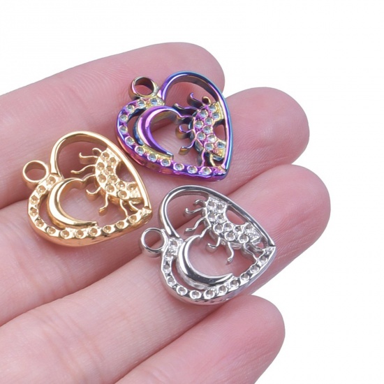 Picture of 304 Stainless Steel Charms Multicolor Heart Sun Hollow 19mm x 17mm