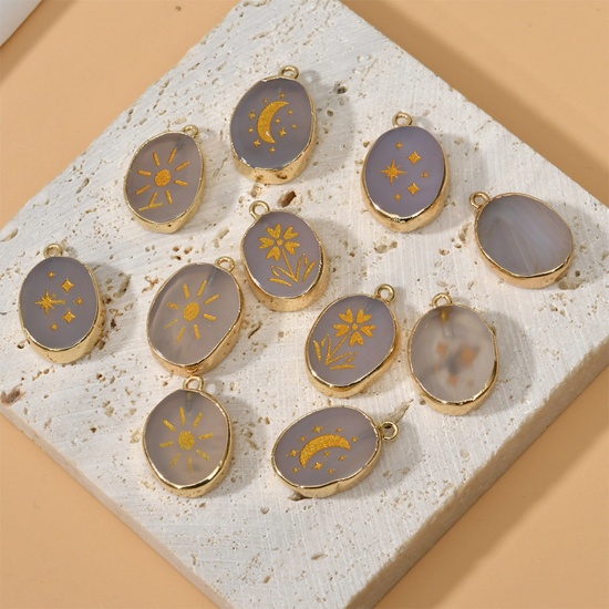 Immagine di (Grado B) Agata ( Naturale/Tintura ) Charms Ovale Oro Placcato Multicolore 24mm x 16mm, 1 Pz