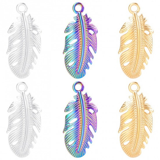 Imagen de 304 Acero Inoxidable Colgantes Charms Pluma Multicolor 35mm x 15mm, 1 Unidad
