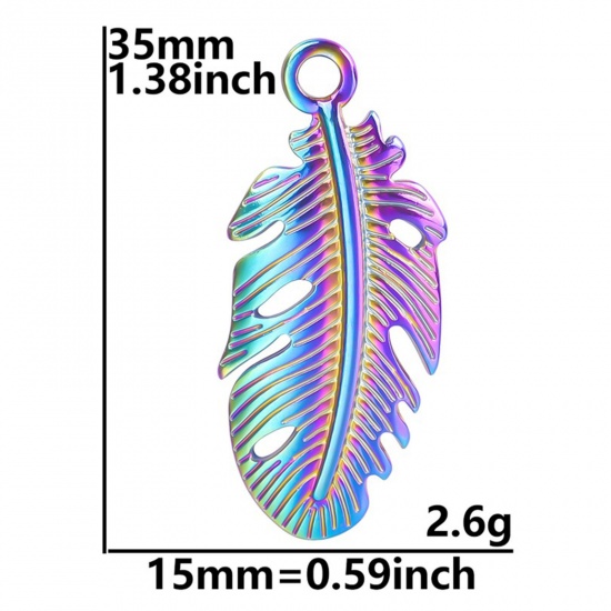 Imagen de 304 Acero Inoxidable Colgantes Charms Pluma Multicolor 35mm x 15mm, 1 Unidad