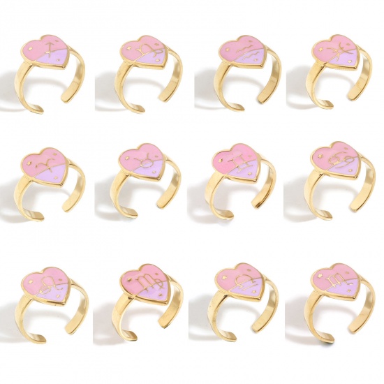 Bild von 304 Edelstahl Valentinstag Offen Ring Vergoldet Rosa & Violett Herz Sternbild Emaille 17.3mm（US Größe:7), 1 Stück