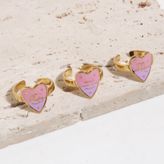 Bild von 304 Edelstahl Valentinstag Offen Ring Vergoldet Rosa & Violett Herz Sternbild Emaille 17.3mm（US Größe:7), 1 Stück