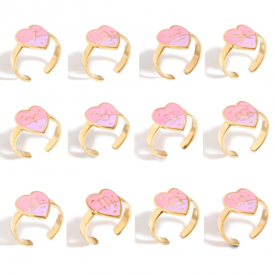 Bild von Großhandel Frauen Geschenk Herz Sternbild Rosa & Violett Emaille Offen Ring, Vergoldet 304 Edelstahl, Vakuumbeschichtung Valentinstag Stilvoll Schmuckbedarf, 17.3mm（US Größe:7), 1 Stück