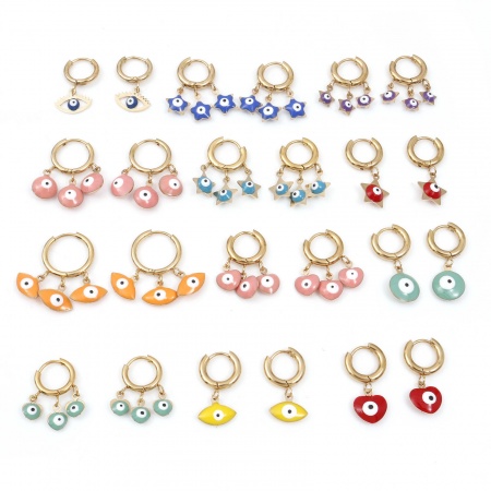 304 Нержавеющая Сталь религия Хооп серьги Позолоченный Разноцветный Злой Глаз С Эмалью 1 Пара