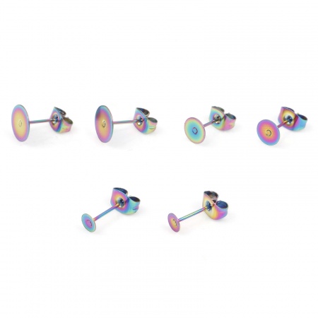 304 Stainless Steel Ear Post Stud Earrings Disc Multicolor Glue On