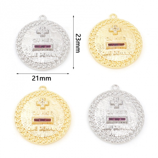 Picture of Brass Religious Charms Round Real Gold Plated Cross Micro Pave Clear & Red Cubic Zirconia 23mm x 21mm                                                                                                                                                         